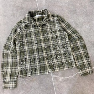 Camisa de Cuadros a Cuadros de Alta Calidad, Personalizada con Pedrería, Manga Larga, Holgada, Informal, con Botones, Unisex, Estilo Vintage Lavado - Product Image 4