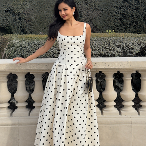 Abito Lungo da Donna Stile Francese a Pois 2025, Vintage con Colletto Quadrato, Vita Alta, Plissettato, Nuovo Elegante per Feste e Club - Product Image 3