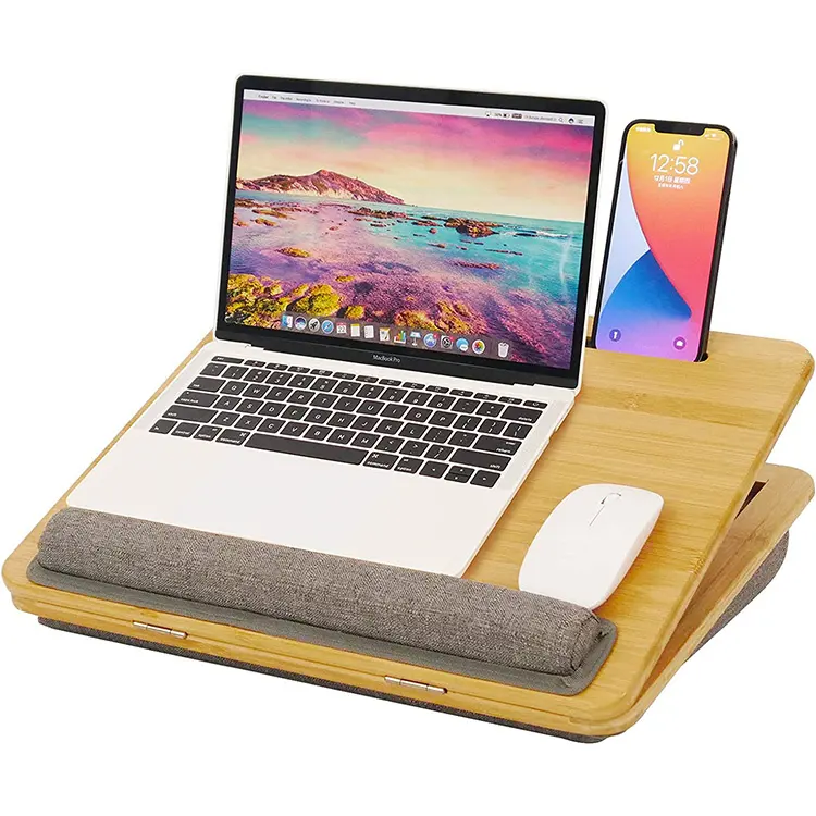 Custom Bamboo Wooden Lap Tray Portable Bed Lap Laptop Desk Holder Study Table Laptop Stand Computer Desk With Pillow Cushion