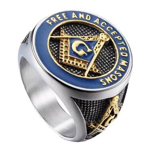 Bague de motard maçonnique rétro personnalisée pour homme, style classique, en acier inoxydable avec emblème bleu - Product Image 2