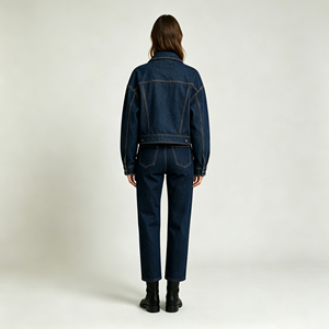 Leduo Customized Women <b>Dark</b> <b>Indigo</b> Cropped Denim Jacket Relaxed Fit Long Sleeve Casual <b>Jean</b> Coat - Product Image 3