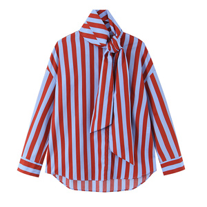 ZEVITY Nova Blusa Feminina Casual de Verão Vintage com Gola Alta Assimétrica e Listras, Design Elegante com Laço, Blusa Social - Product Image 4