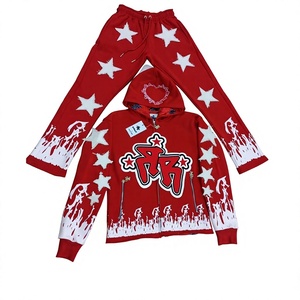 Survêtements brodés effet vieilli pour hommes, ensembles sweat à capuche et pantalon évasé brodé effet vieilli, survêtement personnalisé - Product Image 1