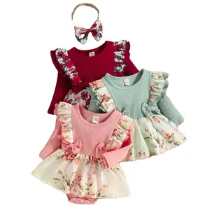 Hot Selling Long Sleeve Romper Leopard Tutu Skirts Girls Christening Dress Birthday Outfit Sets INS Baby Jumpsuit Girls Clothes