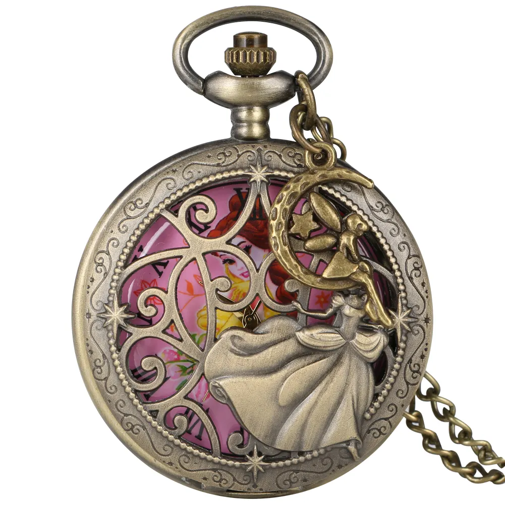 Collana in bronzo catena regalo orologio principessa ragazza orologio da tasca al quarzo Vintage con ciondolo fata