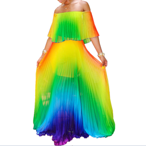 Abito Lungo Estivo in Chiffon con Stampa <span class=keywords><strong>Arcobaleno</strong></span>, Scollo a Barca, Volant e Pieghe, Elegante Stile Boho per Spiaggia e Feste - Product Image 2