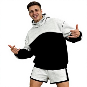 Conjunto de Sudadera con Capucha y Pantalones Cortos para Hombre, Diseño Color Block con Costuras Curvas, Cintura Elástica, Puños Acanalados, Bolsillo Canguro, Transpirable, Estilo Casual Urbano - Product Image 5