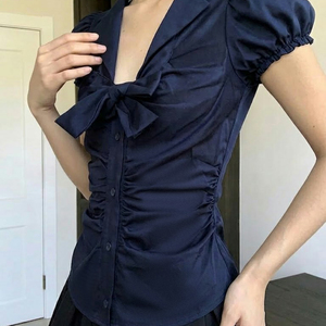 Blusa de Color Sólido con Cuello Camisero y Cintura Fruncida para Mujer, Estilo Dulce y Femenino - Product Image 5