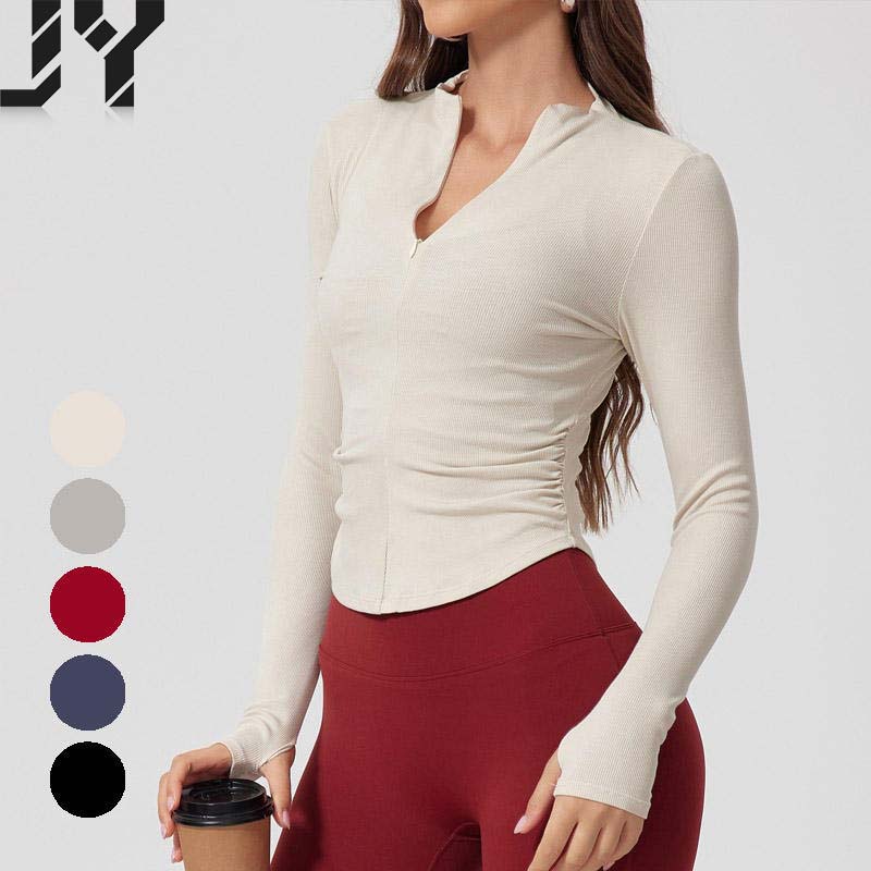 Form-fitting Nude-Feel Long-Sleeve Ribbed Yoga Top Outdoor Sports Top with Stretch and Slimming Effect Half-Zip Training Top