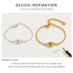 Gold and Silver Color Eye Motif Zirconia Chain Bracelet, Stainless Steel, 14K Gold Vacuum Plating, <b>Blue</b> Center - Product Image 3