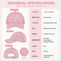Casquette de baseball structurée de luxe sportive en sergé de velours côtelé à 6 panneaux, avec lettre brodée personnalisée, motif avion vintage, ajustable