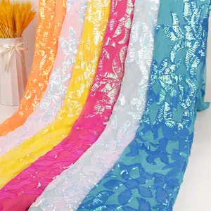 Tissu de robe de soirée en Voile haut de gamme, vente en gros de tissu brodé de paillettes 3D/