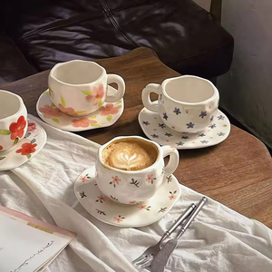 Nordic French Vintage Floral Luxury <b>Ceramic</b> Coffee Mug Saucer Set Spoon Hand Painted Underglaze Custom Logo Microwave Dishwasher - Product Image 1