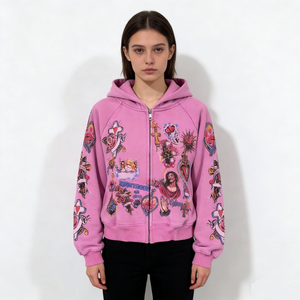 Sweat-shirts à capuche tendance pour femmes, <span class=keywords><strong>rose</strong></span>, à fermeture éclair, style graffiti, imprimé, surdimensionné, en polaire doux, streetwear quotidien - Product Image 1