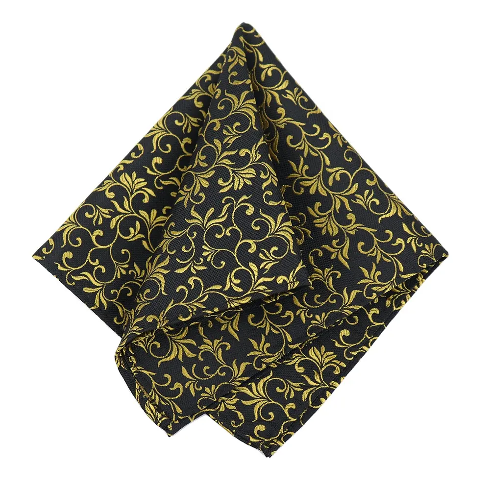 Black Gold High Quality 100% Polyester Woven Jacquard Floral Design Custom Pocket Square for Men