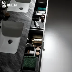 BNITM Luxury Design Marble Slab Ceramic Integrated Basin Countertop Modern Wall-Mounted Bathroom Vanity Cabinets With LED Mirror