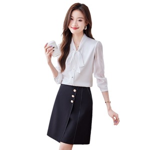 Women's <b>White</b> Chiffon Blouse With Bow Tie Long Sleeve Office Shirt Solid Color Polyester Fabric Irregular Design YZH6585 - Product Image 5