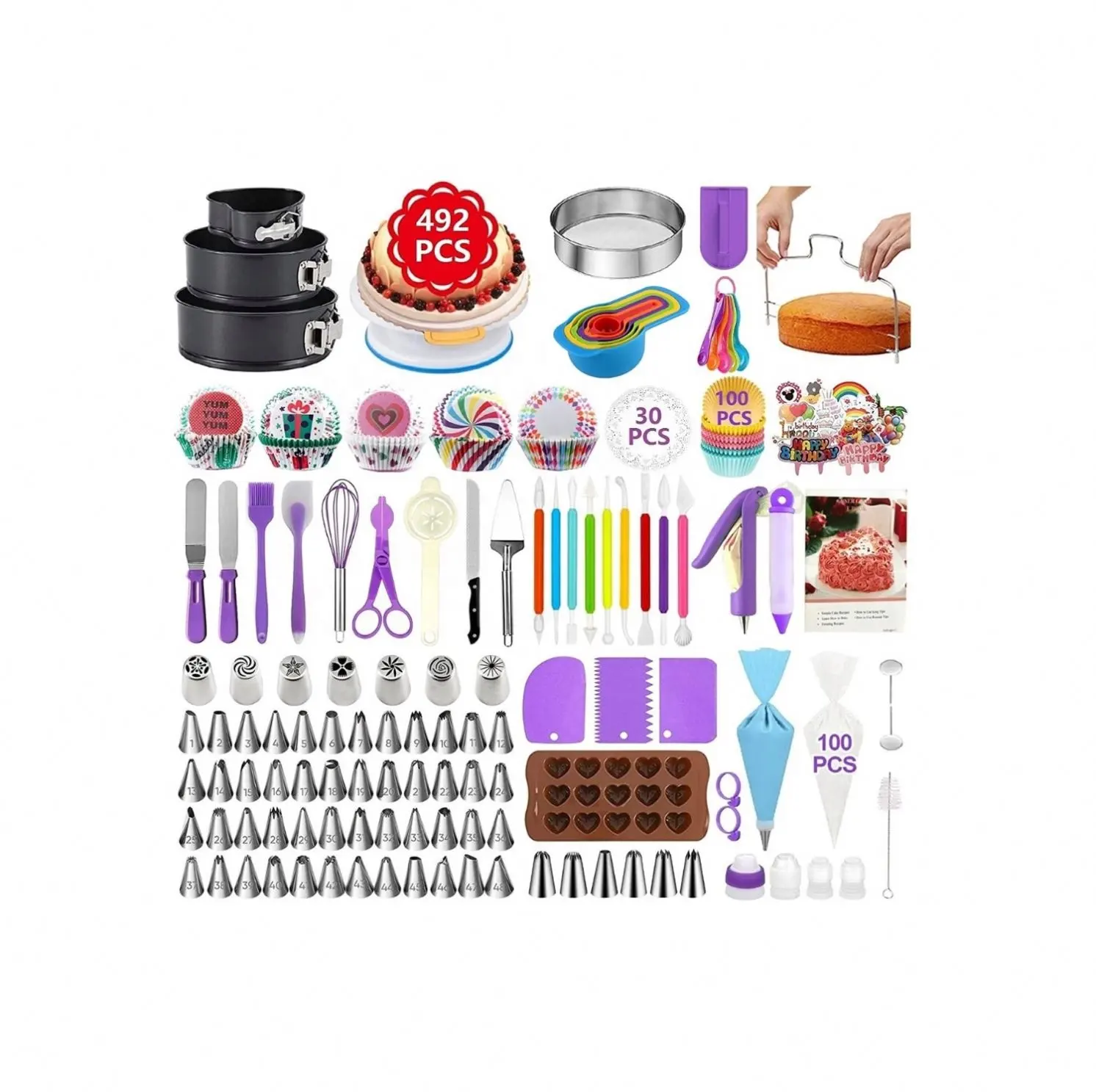 492 Pcs Cake Decorating Supplies with Baking Springform Cake Pans Set Icing Tips Nozzles Cake Decorating Kit for Beginners