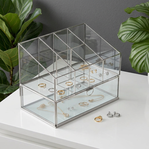 Modern Luxury Glass with Silver Frame Women's <b>Makeup</b> Jewelry Mini Accessories Organizer Box with <b>Drawer</b> - Product Image 1