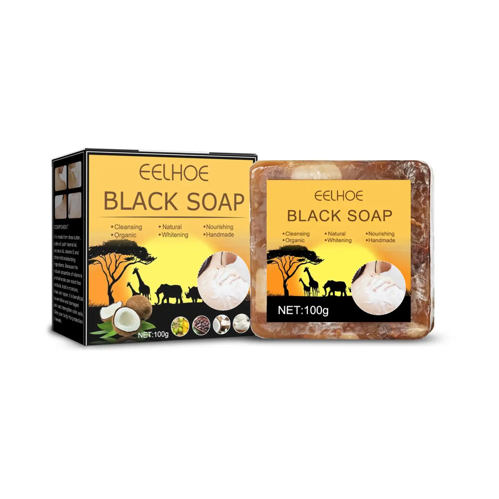 Jabón negro africano para el cuidado de la piel, exfoliación de limpieza profunda, tratamiento Hidratante Corporal, jabón africano para el acné, 100g