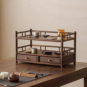 Guanlan <b>Walnut</b> Wood Display <b>Shelf</b> Single Layer Double Drawer Tea Storage Rack Classical Chinese Style - Product Image 4