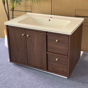 Middle ancient style <b>walnut</b> wood milk coffee colored ceramic integrated basin bathroom <b>cabinet</b> - Product Image 2
