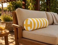 Coussin d'extérieur à bords rayés jaune et blanc, avec fermeture éclair dissimulée, poignée de transport, haute résilience, anti-affaissement