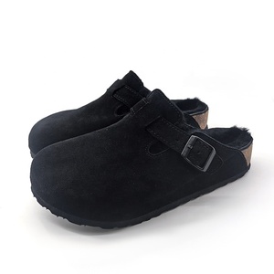 Fashion Handmade Warm <strong>Black</strong> Suede <strong>Slippers</strong> Soft Cork Sole Buckle Branded Indoor Outdoor Women Men Shearling Sandals Wood Shoes - Product Image 1