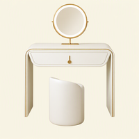 Table de toilette moderne minimaliste en bois massif avec miroir sur pied, bureau de maquillage de luxe en cuir crème, tiroirs de rangement, meuble de chambre