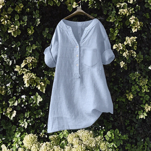 Blusa Asimétrica de Lino Azul Claro para Mujer, Cuello en V, Manga Tres Cuartos, Corte Holgado Informal, Color Sólido, Transpirable, para Primavera/Verano - Product Image 3