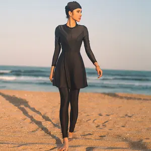 S-XL批发新款长袖全盖伊斯兰中庸服装女布基尼加大码穆斯林泳装带文胸垫
