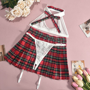 Wholesale Schoolgirl Cosplay Lingerie Set Sheer <b>Mesh</b> Top Red Tartan Plaid Pleated Garter Mini <b>Skirt</b> Women Sexy Role‑play Costume - Product Image 6