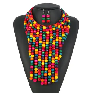 Wholesale Fashionable Handmade Colourful Tassels Bead Long Necklace Charms for Women African Necklace Earrings Jewelry Set