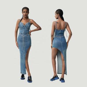 Robes longues d'été en denim <span class=keywords><strong>de</strong></span> qualité supérieure Wangsheng, sexy, respirantes, coupe régulière, col halter, bretelles spaghetti - Product Image 6