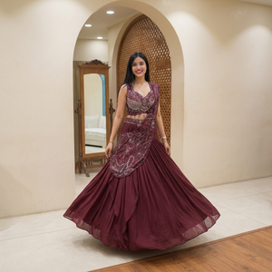 Ensemble Lehenga Choli Saree en Soie Véritable Brodé Bordeaux à Séchage Rapide, Longueur Ras du Sol, Tenue de Mariage et de Fête pour Femme - Shivam Hub - Product Image 1