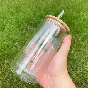 12Oz Sublimation Crystal Clear PP Double Walled Reusable <b>Glass</b> <b>Can</b> with Bamboo Lid for Rhinestone - Product Image 4