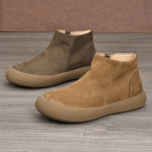 Ankle Bootie Genuine Leather <b>Round</b> <b>Toe</b> Chunky <b>Heel</b> Height Increasing Retro Style Rubber Outsole Solid Color - Product Image 3