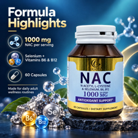 Capsules de NAC 1000mg avec L-Cystéine, Vitamines B6, B12 et Sélénium – Antioxydant et Soutien Hépatique – 60 Capsules Végétales – Marque Privée OEM