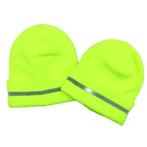 classic winter night work safety hat fluorescent beanie toque hat with reflective band