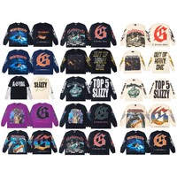 T-shirt décontracté à manches longues et col en V, coupe ample, anti-plis, en pur coton, imprimé Hip Hop rétro d'inspiration américaine, pour le commerce transfrontalier