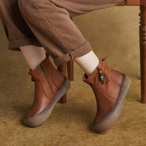 Botines con Cierre Lateral, Otoño Invierno, Nuevo Estilo Británico, Cuero Genuino, Punta Redonda, Tacón Plano, Botines Pop Over, Botas Martin, Zapatos de Mujer - Product Image 4