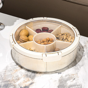 Round Fruit Platter With Lid 6 Compartments Milky White Silver Vertical Stripes Candy Box Snack Storage Home Living Room Decor - Product Image 4