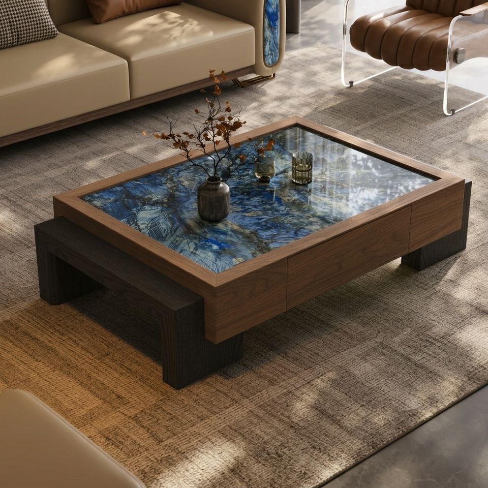 Timber Sizes Table Luxury Blue Sintered Stone Square Coffee Table Walnut Wood Frame Side ...