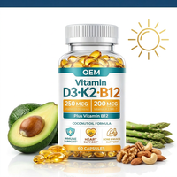 Capsules de vitamine D3 K2 B12 à l'huile de noix de coco, formule pour la santé osseuse et le soutien immunitaire, certifiées Halal, flacon de 60 unités, pour adultes