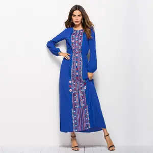Ready to Ship for Wholesale Ethic Printing Maxi Dress Long Sleeve Blue Dresses for Women