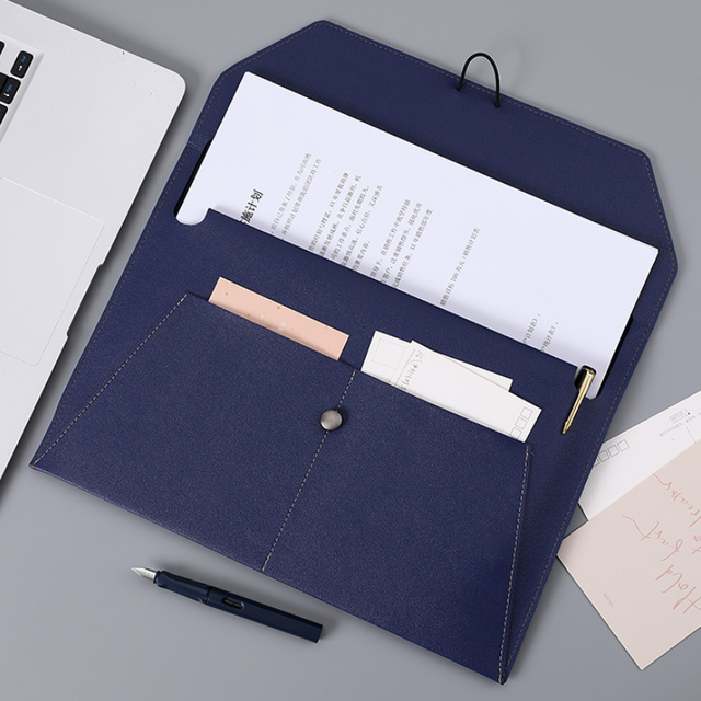 Stylish PU Leather A4 Document Folder Wholesale Large Capacity File Bag Case Waterproof Multi-slot Elastic Rope Buckle