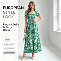 Nouvelle Robe Longue Florale Femme 2026 à Col Carré, Manches Bouffantes, Taille Smockée, Silhouette Évasée, Robe d'Été Bohème Chic ODMOEM