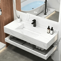 Vasque double en marbre blanc Jazz, intégrée au mur, pour salle de bain, de style hôtel de luxe