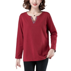 Women's Long Sleeve T-Shirt V-Neck Embroidered Loose Fit Base Layer <b>Top</b> For Middle Aged And Elderly Women Blue Color - Product Image 5