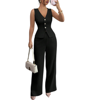 Ensemble tailleur élégant pour femme : gilet sans col à col en V, pantalon large extensible tissé, tenue de bureau formelle OL